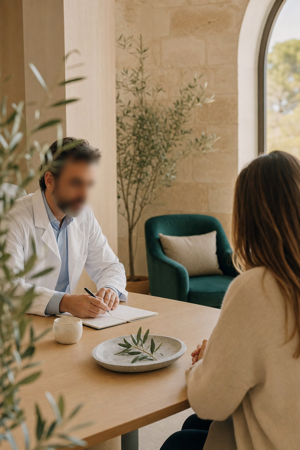 A doctor reviewing a personalized wellness plan with a patient at a sunlit table in the Regenera Cyprus clinic