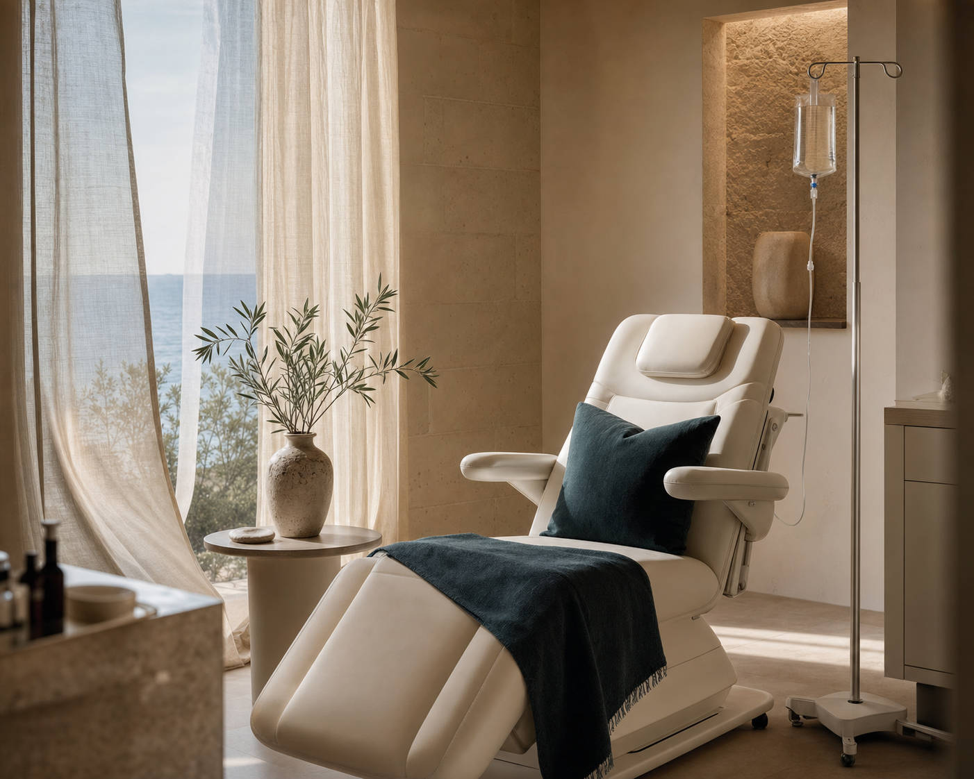 Calm, sunlit private treatment room at Regenera Cyprus with a modern wellness chair, IV stand and olive branch, overlooking the Mediterranean
